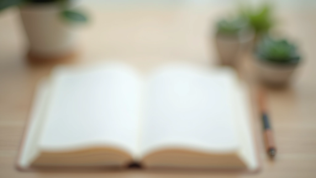 Minimalist desk setup with open notebook, fountain pen, and small potted plant on clean white surface with soft shadows