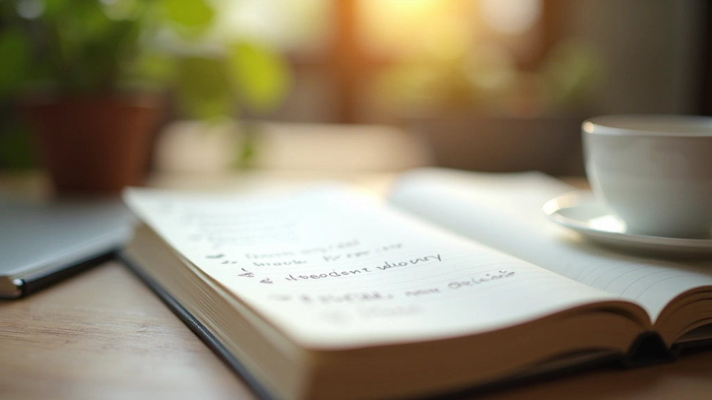 Notebook with written goals and action items next to coffee cup on desk