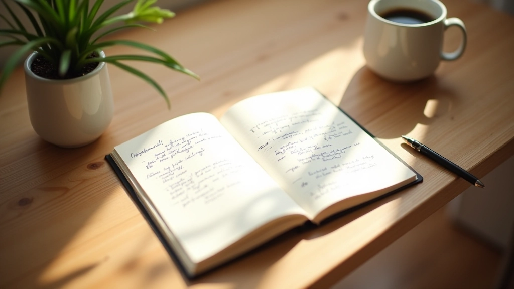 Open journal with handwritten reflections next to coffee cup on desk