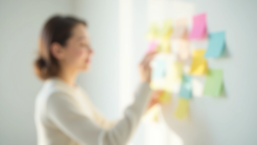 Person organizing task cards and sticky notes on wall for goal planning