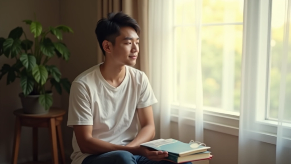 Person in peaceful environment surrounded by books, plants, and organized workspace for personal development study