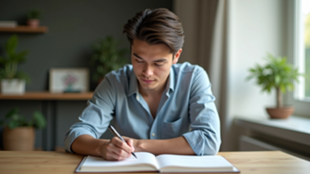 Person sitting in quiet space thinking with journal and pen for goal planning and reflection