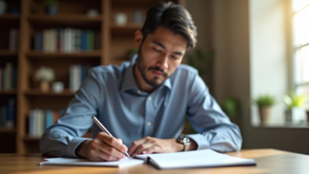 Person sitting at desk with notebook and pen, focused on writing personal development goals