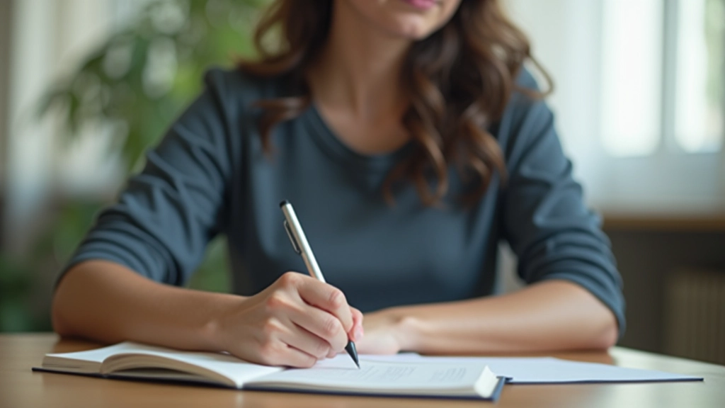 Person reviewing personal development journal with reflection notes and progress tracking