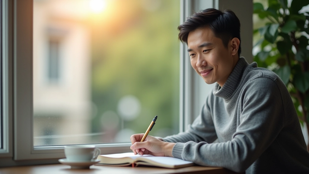 Person writing in journal at window seat with morning sunlight, coffee cup nearby, peaceful setting