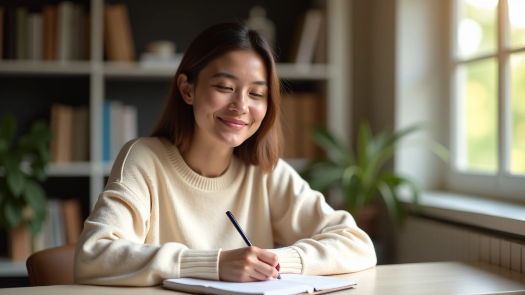 Woman sitting at wooden desk writing in journal with morning light from window, peaceful focused expression